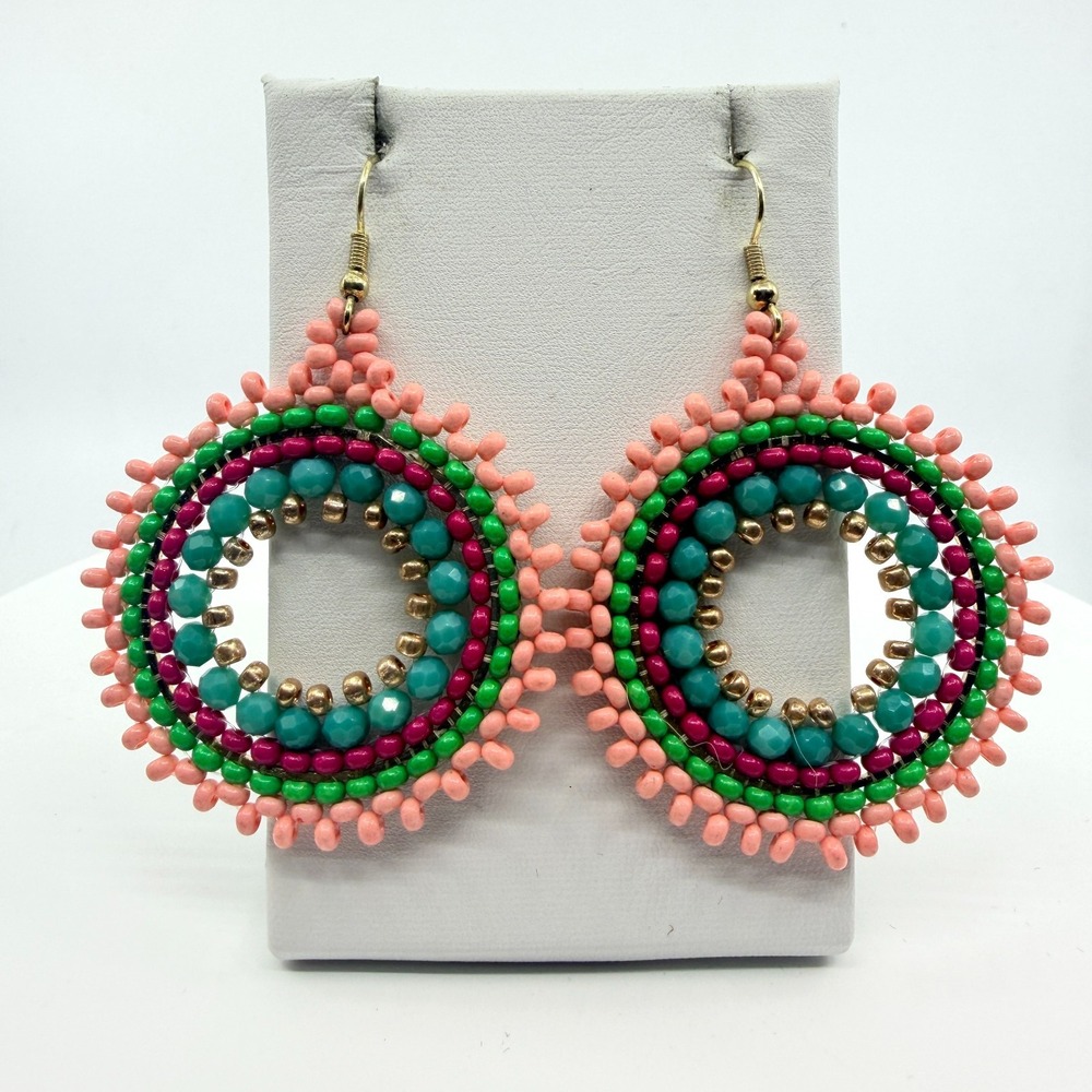 VTG Y2K Colorful Beaded Hoop Earrings - Pink Green Teal Boho Dangle